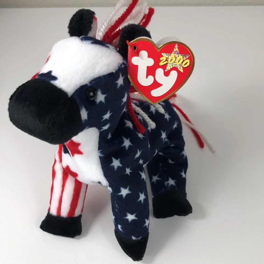 Beanie Baby Lefty 2000 Stuffy Red White & Blue Donkey Patriotic Stars & Stripes